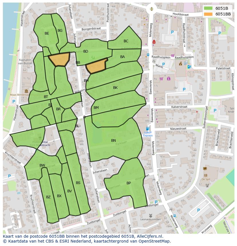 Afbeelding van het postcodegebied 6051 BB op de kaart.