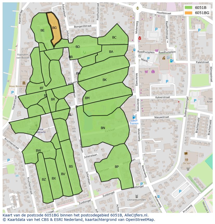 Afbeelding van het postcodegebied 6051 BG op de kaart.