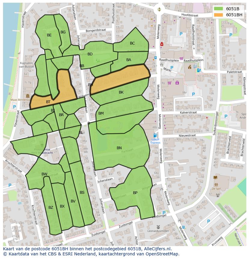 Afbeelding van het postcodegebied 6051 BH op de kaart.