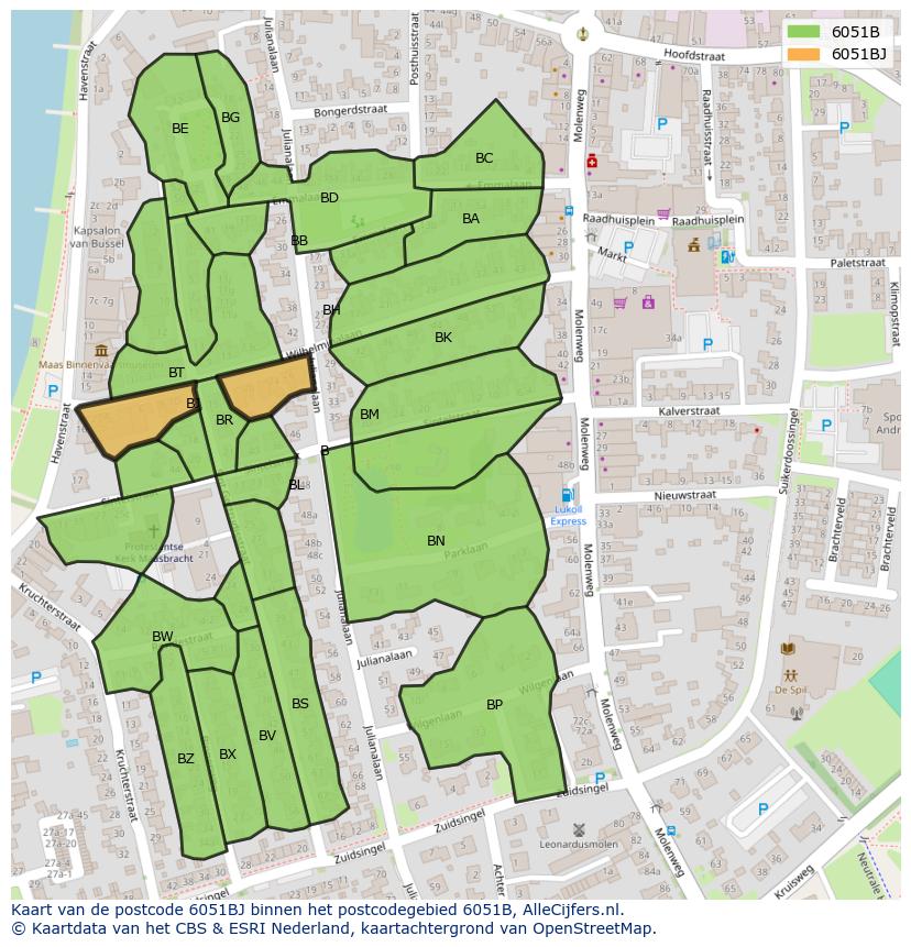 Afbeelding van het postcodegebied 6051 BJ op de kaart.