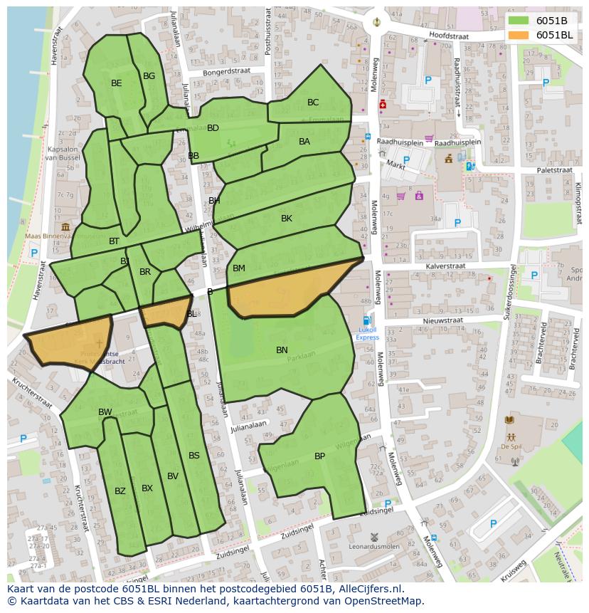 Afbeelding van het postcodegebied 6051 BL op de kaart.