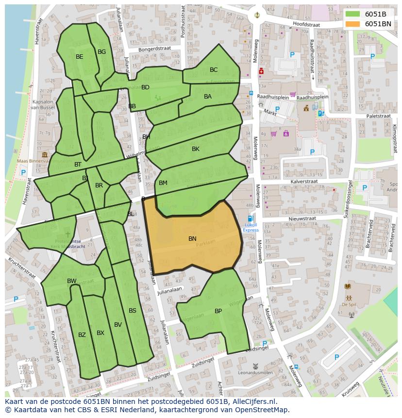Afbeelding van het postcodegebied 6051 BN op de kaart.