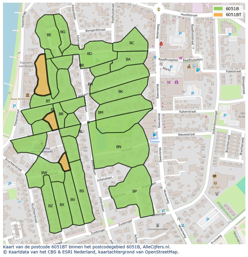 Afbeelding van het postcodegebied 6051 BT op de kaart.