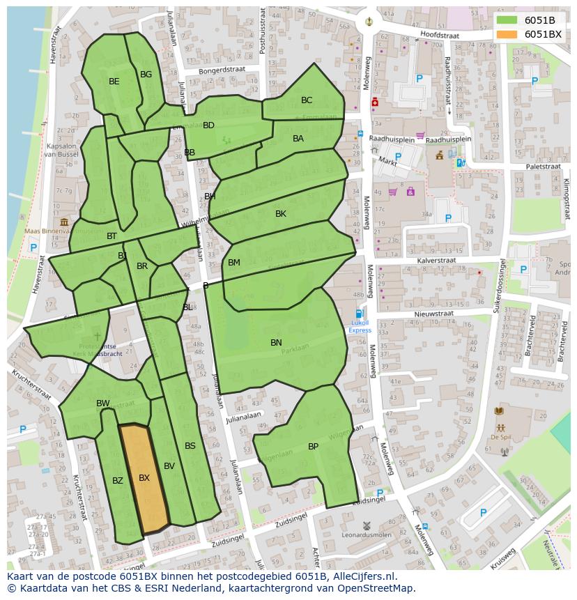 Afbeelding van het postcodegebied 6051 BX op de kaart.