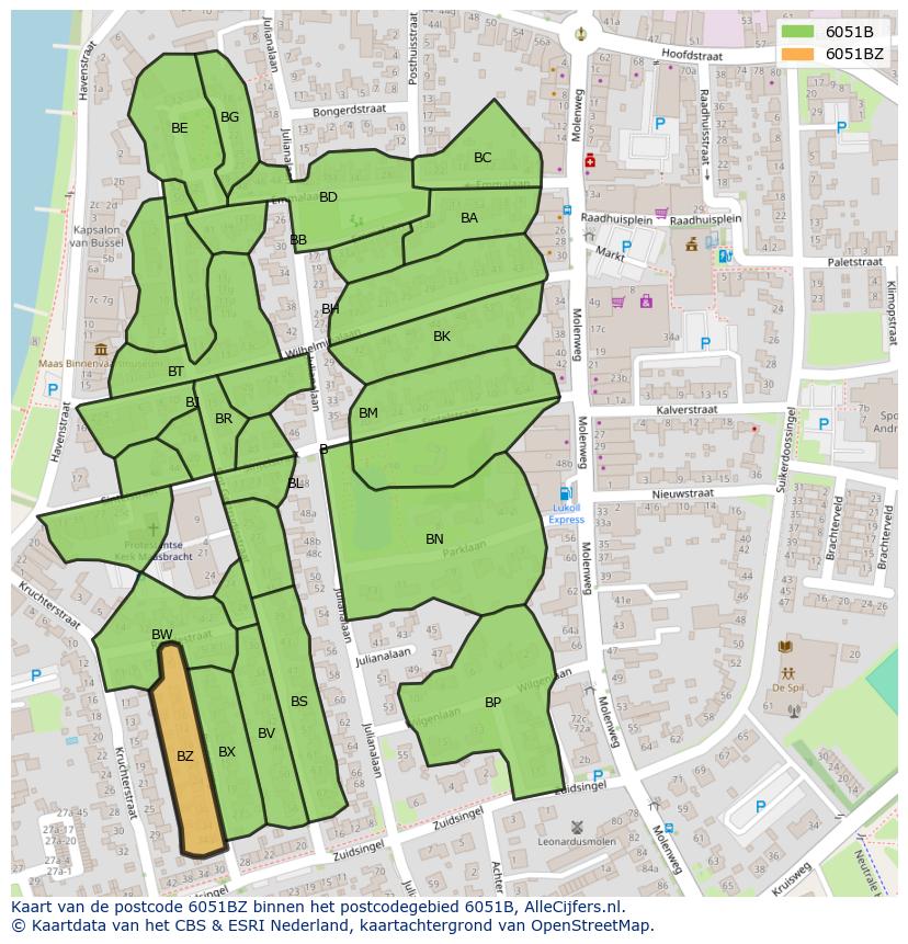 Afbeelding van het postcodegebied 6051 BZ op de kaart.