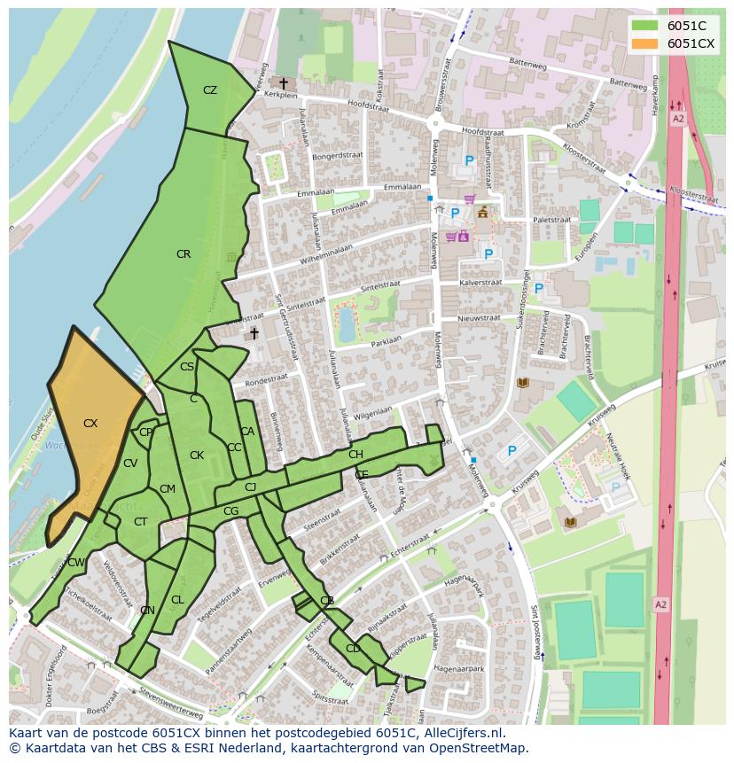 Afbeelding van het postcodegebied 6051 CX op de kaart.