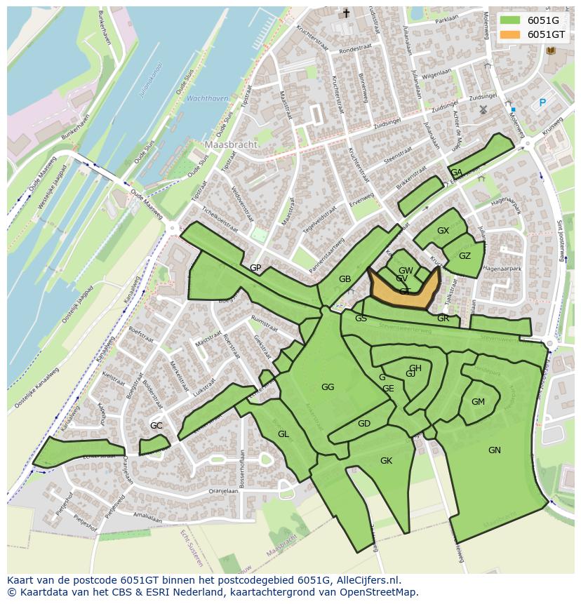 Afbeelding van het postcodegebied 6051 GT op de kaart.