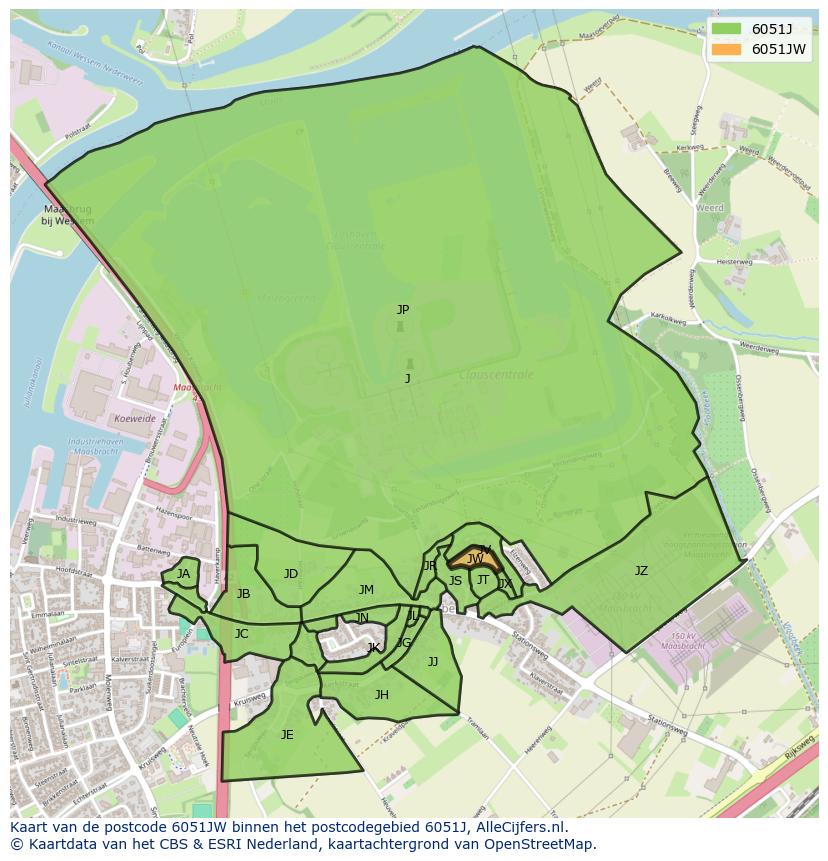 Afbeelding van het postcodegebied 6051 JW op de kaart.
