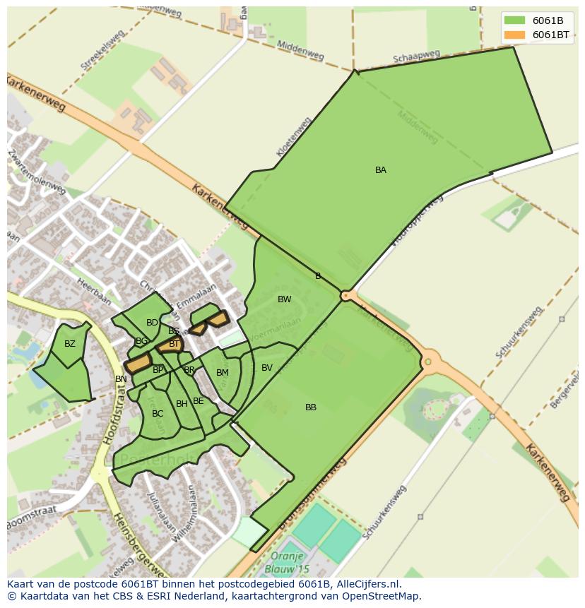 Afbeelding van het postcodegebied 6061 BT op de kaart.