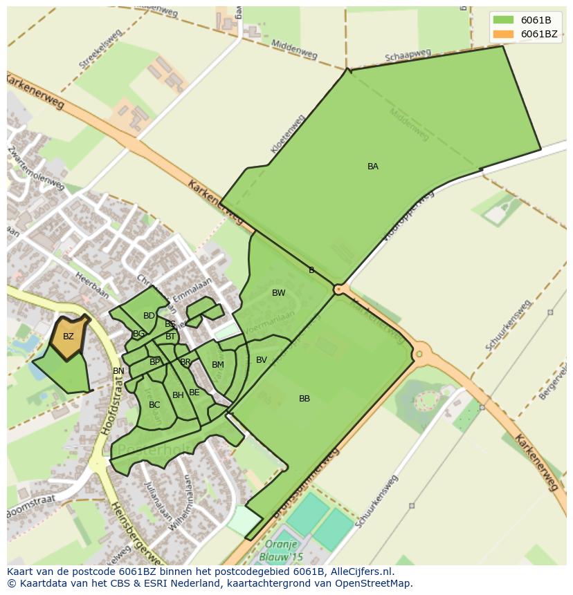 Afbeelding van het postcodegebied 6061 BZ op de kaart.