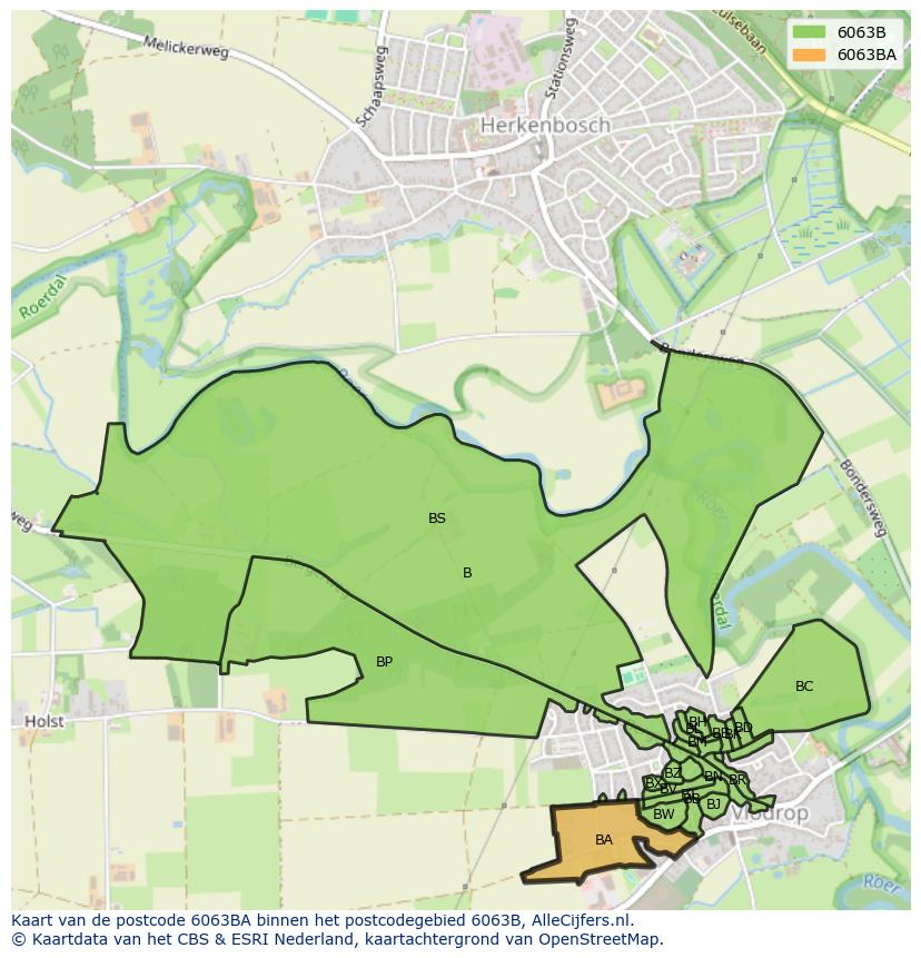 Afbeelding van het postcodegebied 6063 BA op de kaart.