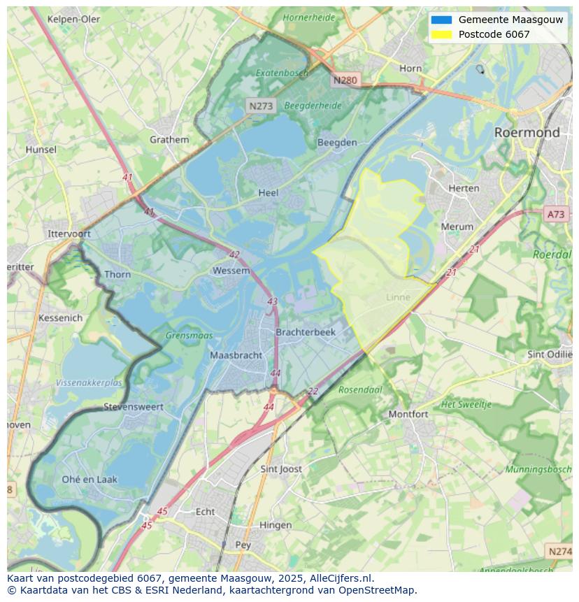 Afbeelding van het postcodegebied 6067 op de kaart.