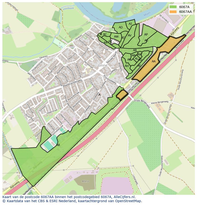 Afbeelding van het postcodegebied 6067 AA op de kaart.