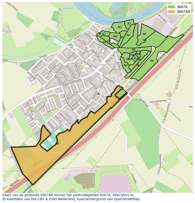 Afbeelding van het postcodegebied 6067 AB op de kaart.