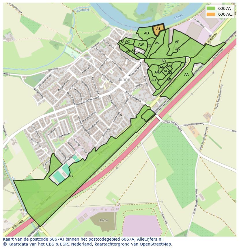 Afbeelding van het postcodegebied 6067 AJ op de kaart.