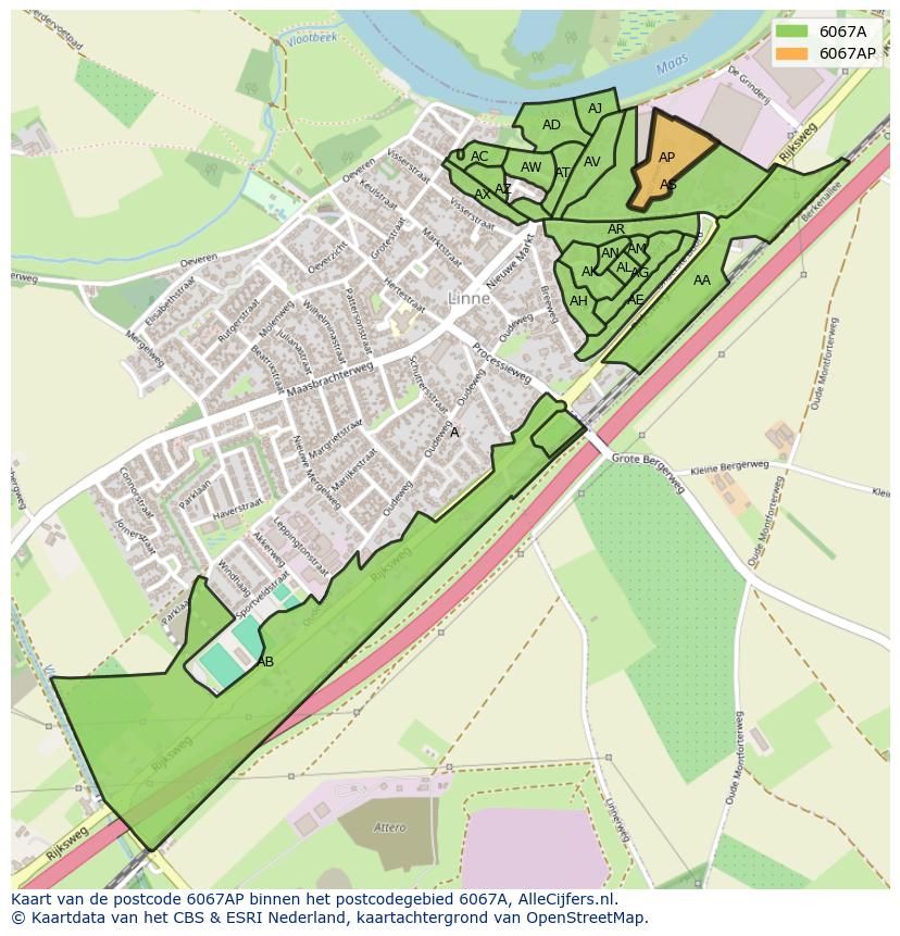 Afbeelding van het postcodegebied 6067 AP op de kaart.