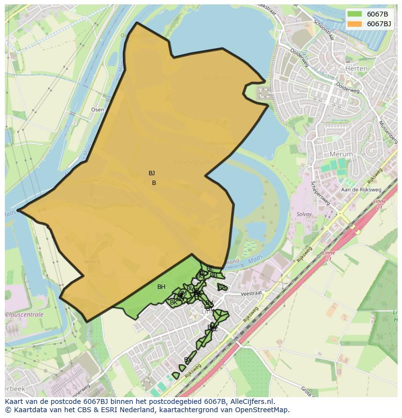 Afbeelding van het postcodegebied 6067 BJ op de kaart.