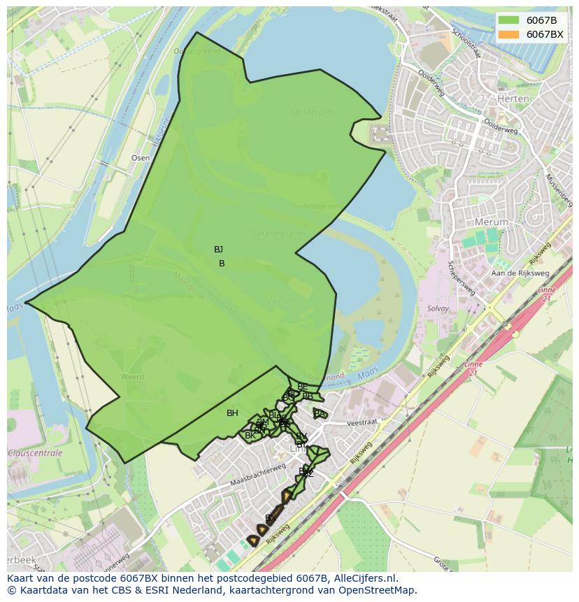 Afbeelding van het postcodegebied 6067 BX op de kaart.