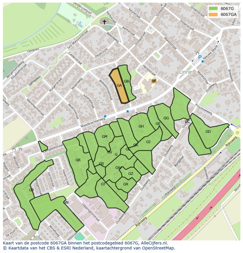 Afbeelding van het postcodegebied 6067 GA op de kaart.