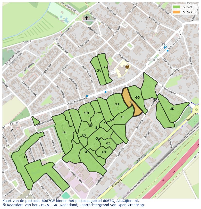 Afbeelding van het postcodegebied 6067 GE op de kaart.