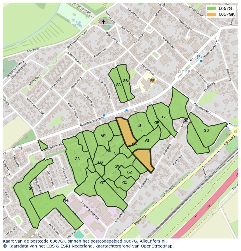 Afbeelding van het postcodegebied 6067 GK op de kaart.