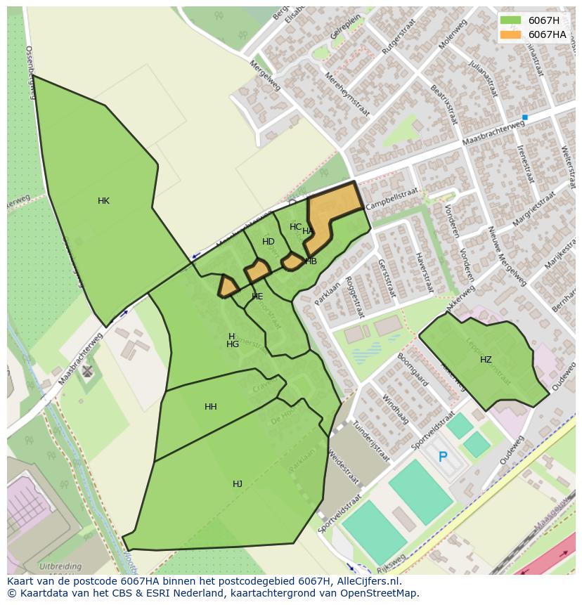 Afbeelding van het postcodegebied 6067 HA op de kaart.