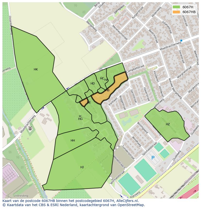 Afbeelding van het postcodegebied 6067 HB op de kaart.