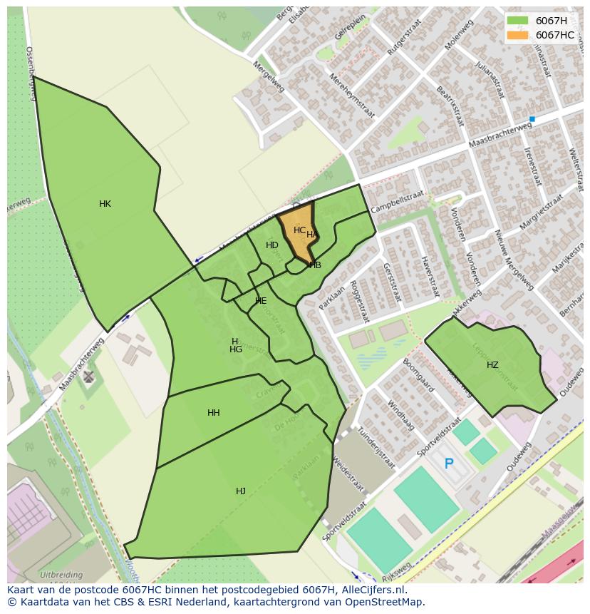 Afbeelding van het postcodegebied 6067 HC op de kaart.
