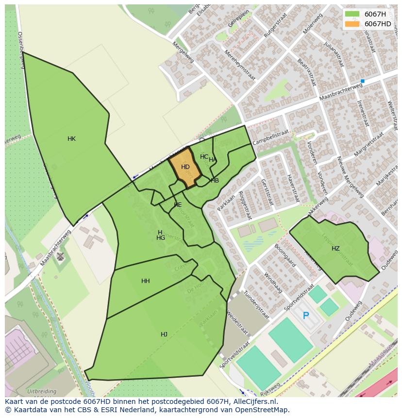 Afbeelding van het postcodegebied 6067 HD op de kaart.