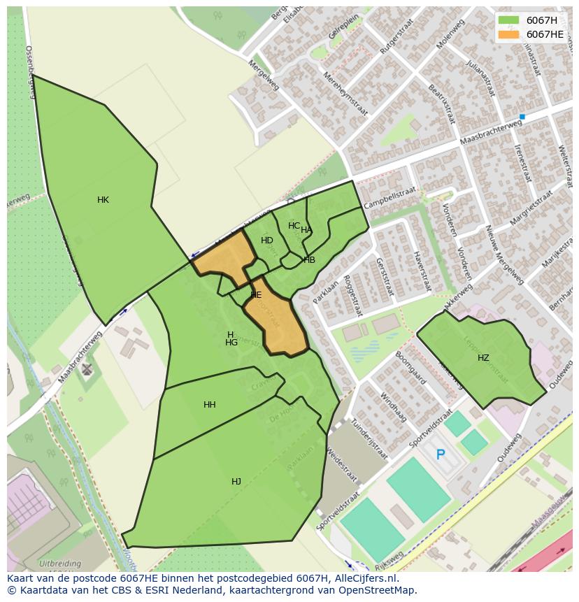 Afbeelding van het postcodegebied 6067 HE op de kaart.