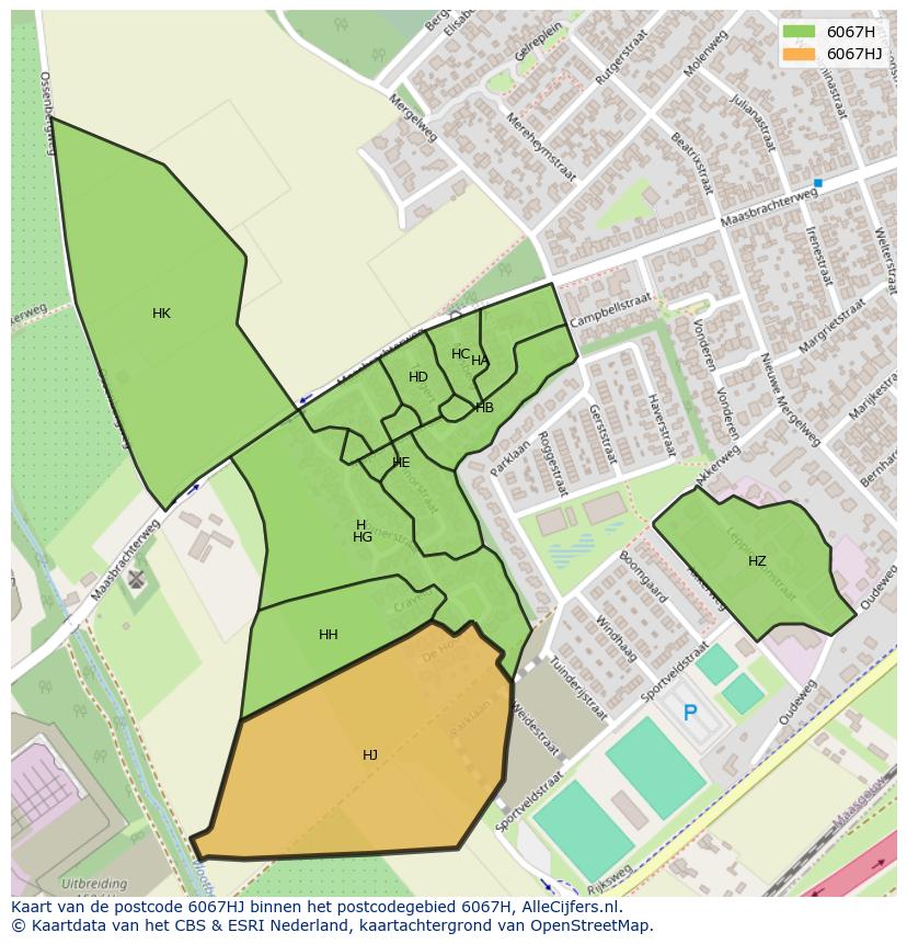 Afbeelding van het postcodegebied 6067 HJ op de kaart.