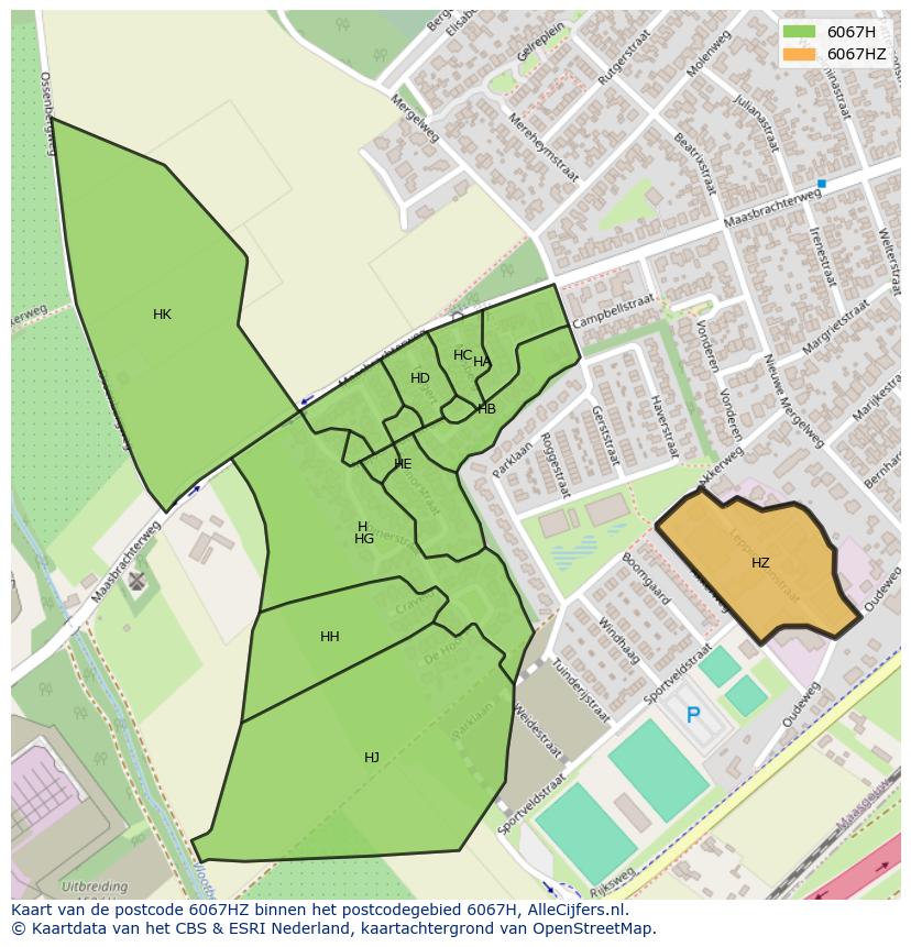 Afbeelding van het postcodegebied 6067 HZ op de kaart.