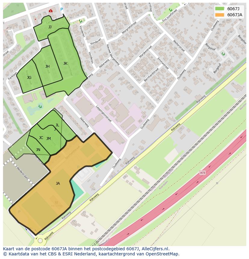 Afbeelding van het postcodegebied 6067 JA op de kaart.