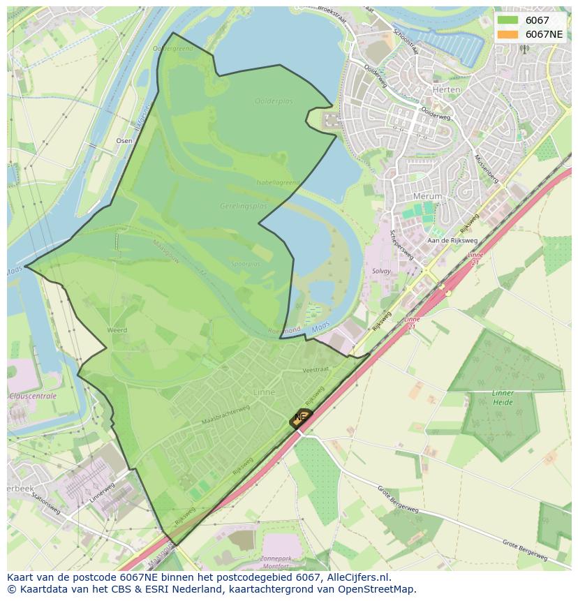 Afbeelding van het postcodegebied 6067 NE op de kaart.