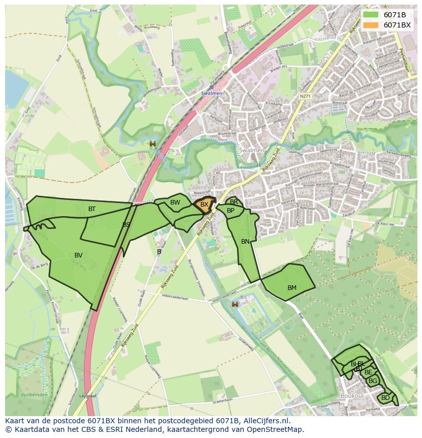 Afbeelding van het postcodegebied 6071 BX op de kaart.