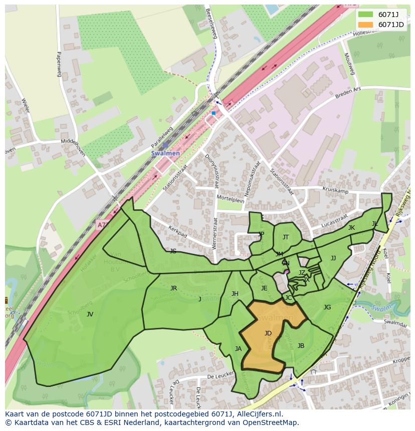 Afbeelding van het postcodegebied 6071 JD op de kaart.