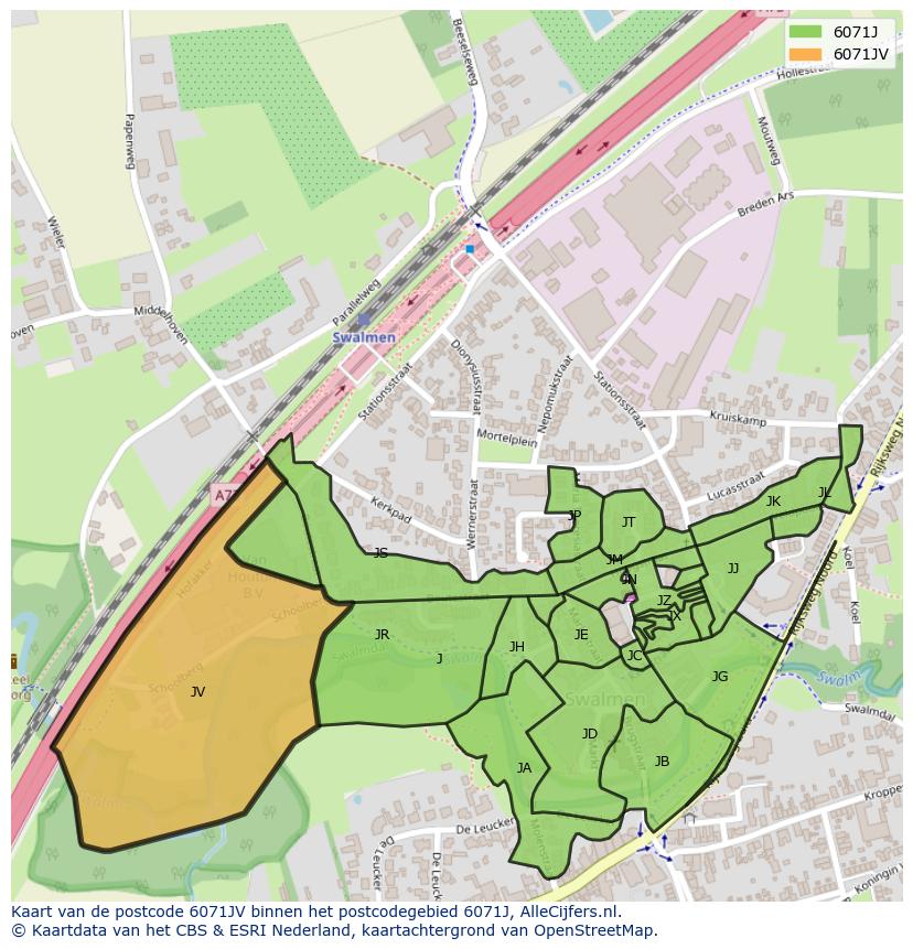 Afbeelding van het postcodegebied 6071 JV op de kaart.