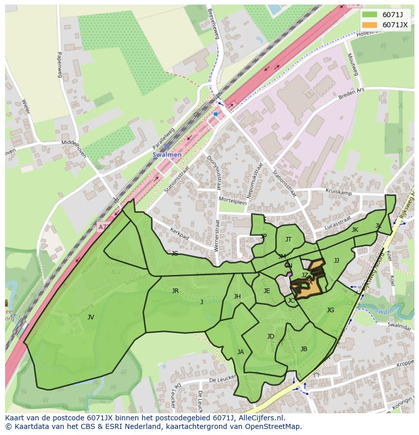 Afbeelding van het postcodegebied 6071 JX op de kaart.