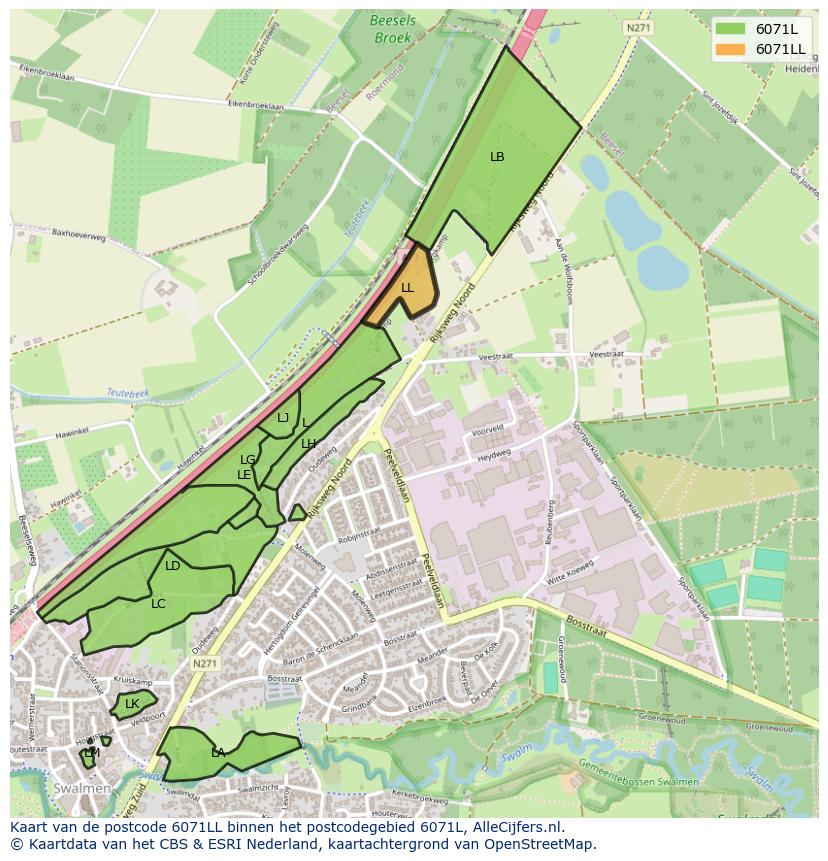 Afbeelding van het postcodegebied 6071 LL op de kaart.