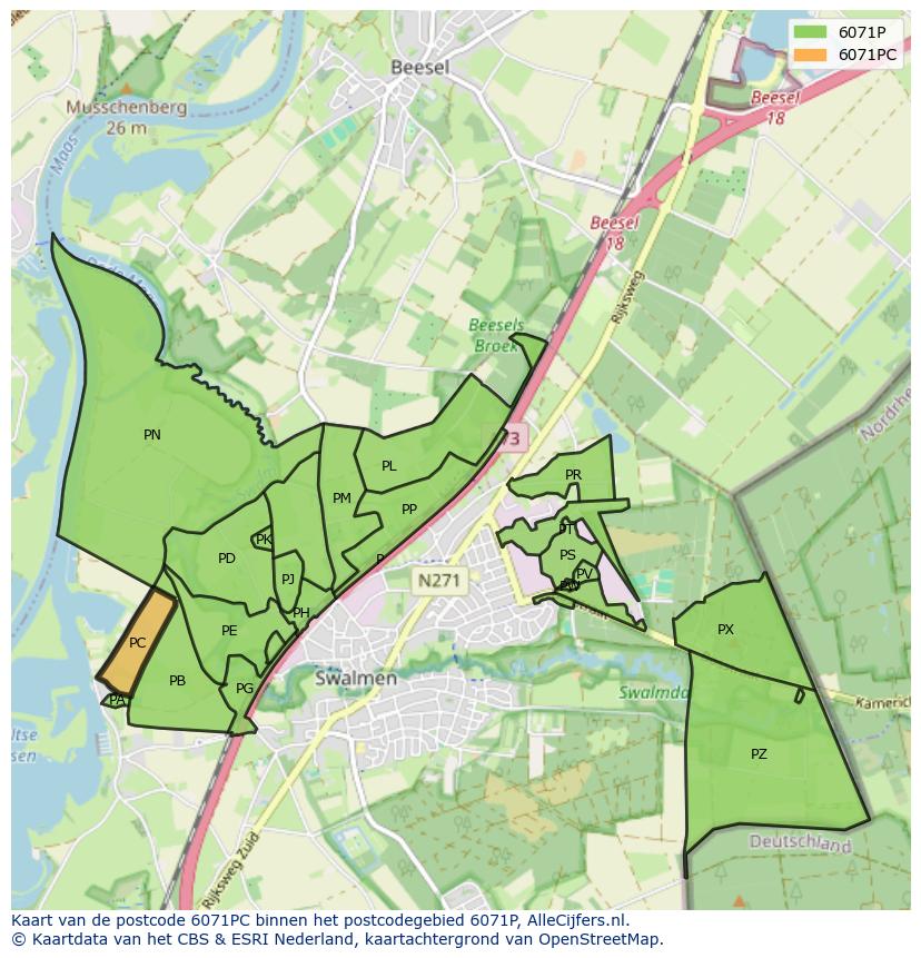 Afbeelding van het postcodegebied 6071 PC op de kaart.