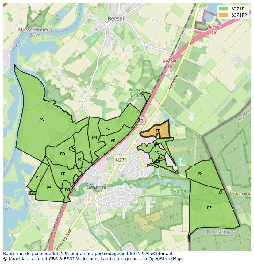 Afbeelding van het postcodegebied 6071 PR op de kaart.