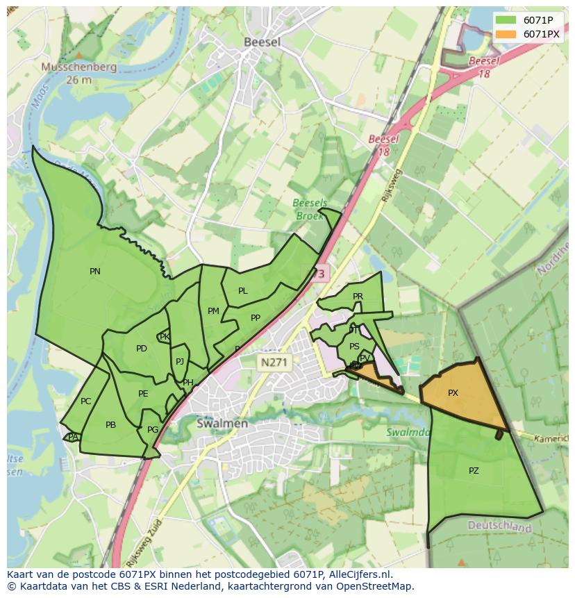 Afbeelding van het postcodegebied 6071 PX op de kaart.