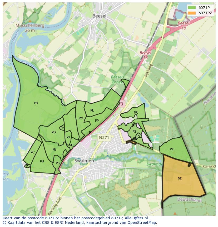 Afbeelding van het postcodegebied 6071 PZ op de kaart.