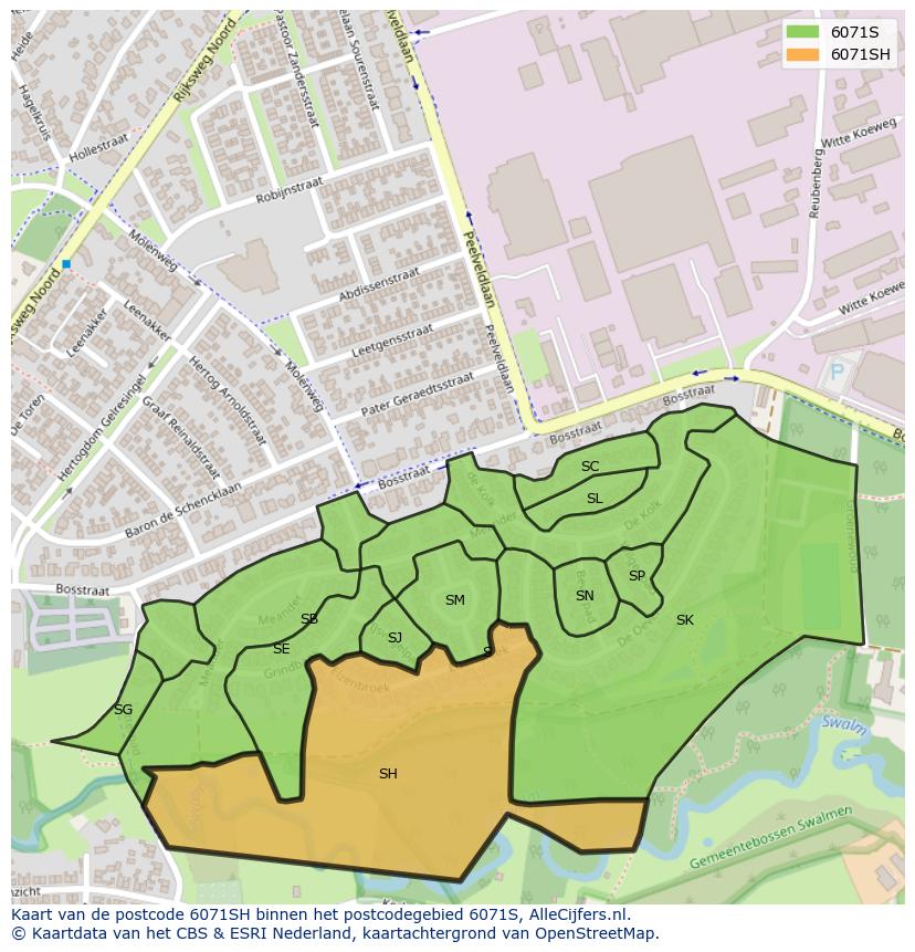 Afbeelding van het postcodegebied 6071 SH op de kaart.