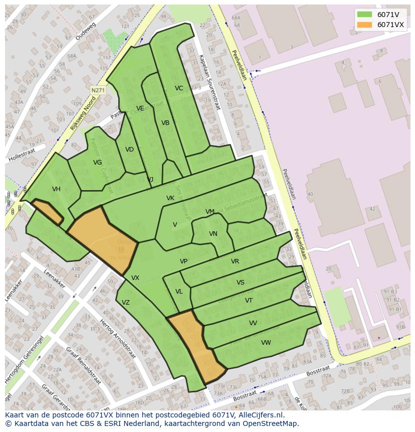 Afbeelding van het postcodegebied 6071 VX op de kaart.