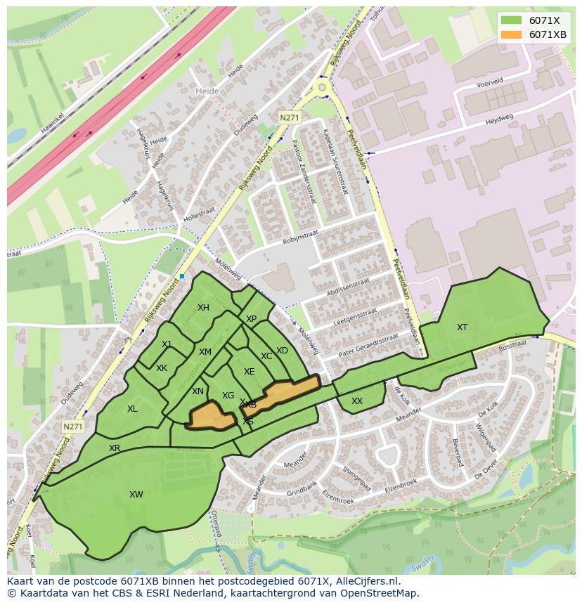 Afbeelding van het postcodegebied 6071 XB op de kaart.