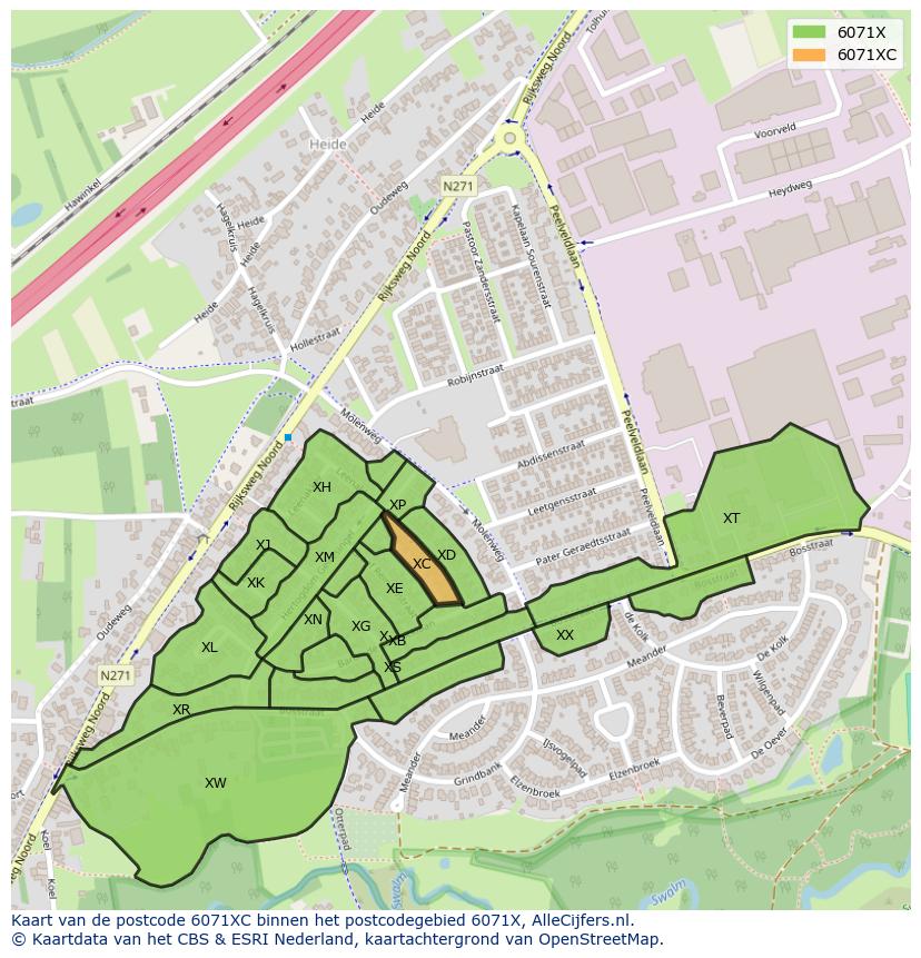 Afbeelding van het postcodegebied 6071 XC op de kaart.