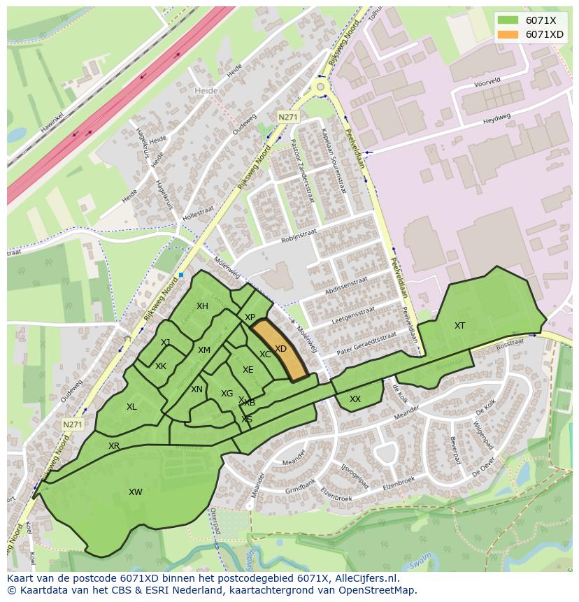 Afbeelding van het postcodegebied 6071 XD op de kaart.