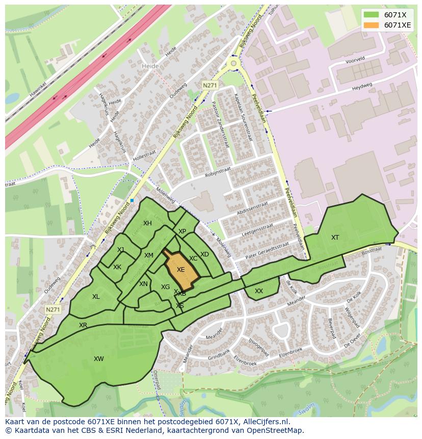 Afbeelding van het postcodegebied 6071 XE op de kaart.