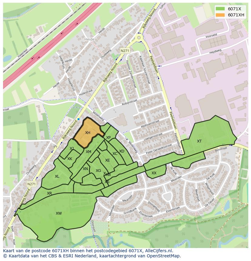 Afbeelding van het postcodegebied 6071 XH op de kaart.